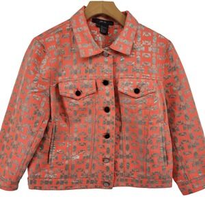 Per Se Trucker Jacket Size‎ 8 Coral Silver Metallic Jacquard Geometric Print AOP